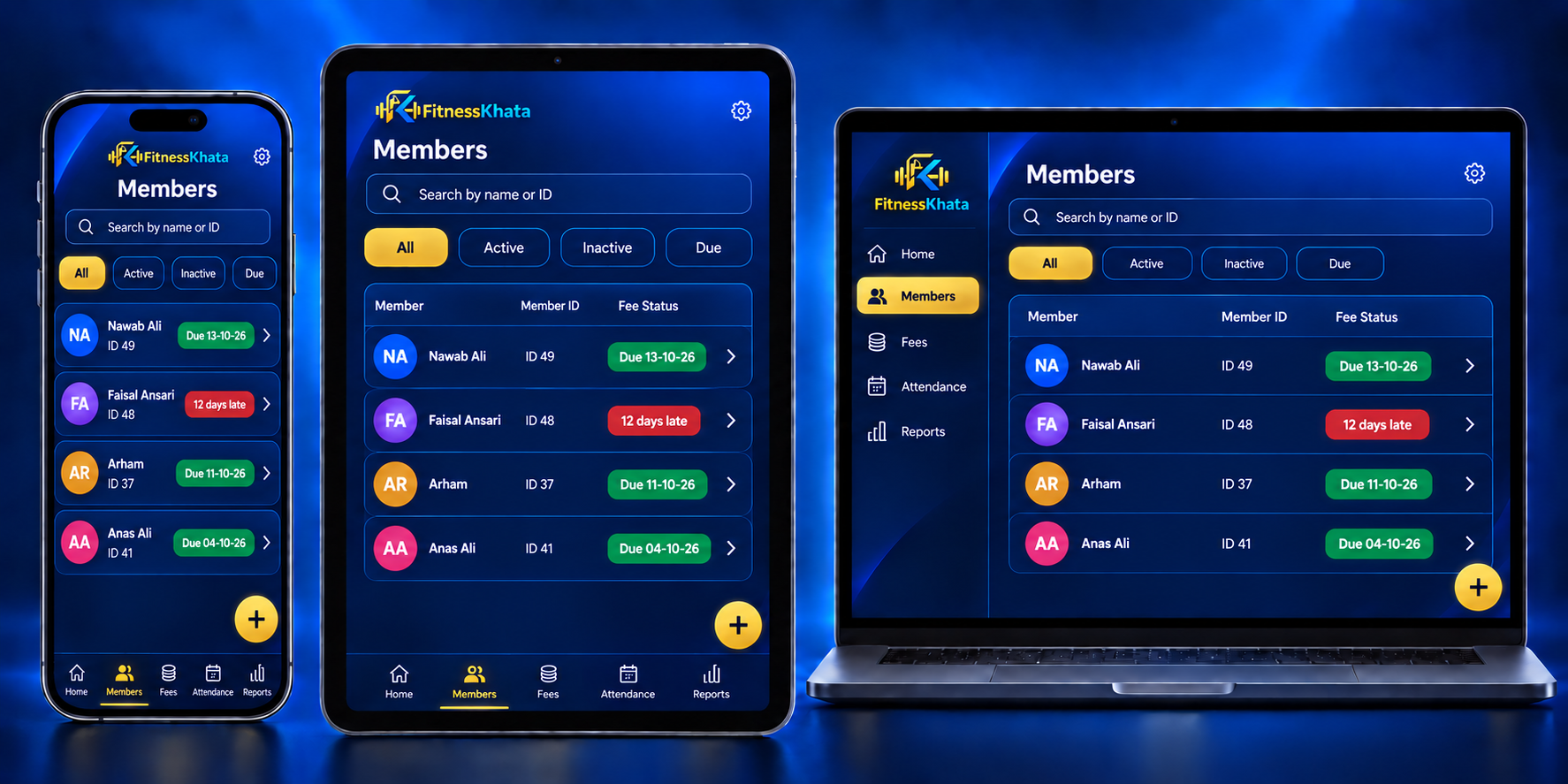 FitnessKhata member management on mobile, tablet and desktop